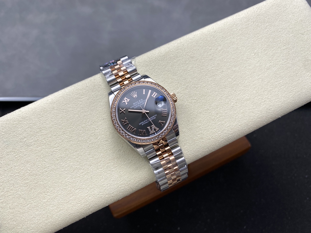 Rolex Datejust Lady 31 Rose Gold Steel Slate Roman Diamond VI Dial & Diamond Bezel Jubilee Bracelet 278381RBR