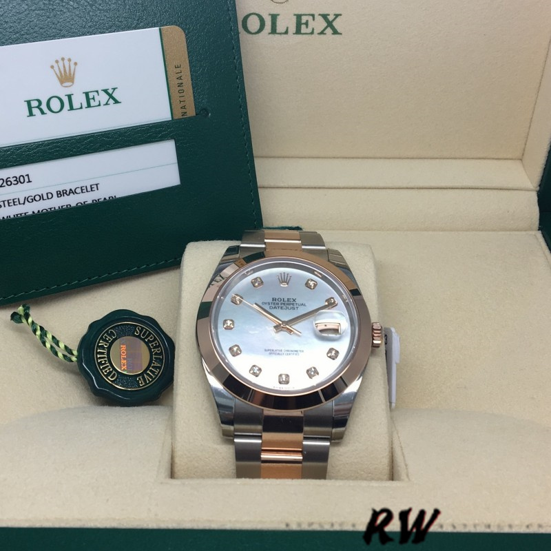 Rolex Datejust 126301 White MOP Diamond Dial Steel Rose Gold 41MM Mens Replica Watch
