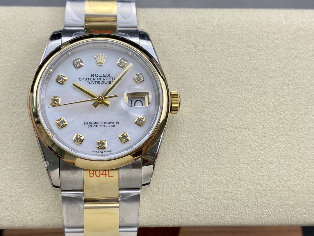 Rolex Datejust 36 Steel & Yellow Gold Mother of Pearl Diamond Dial M126203 0024 Women's Watch
