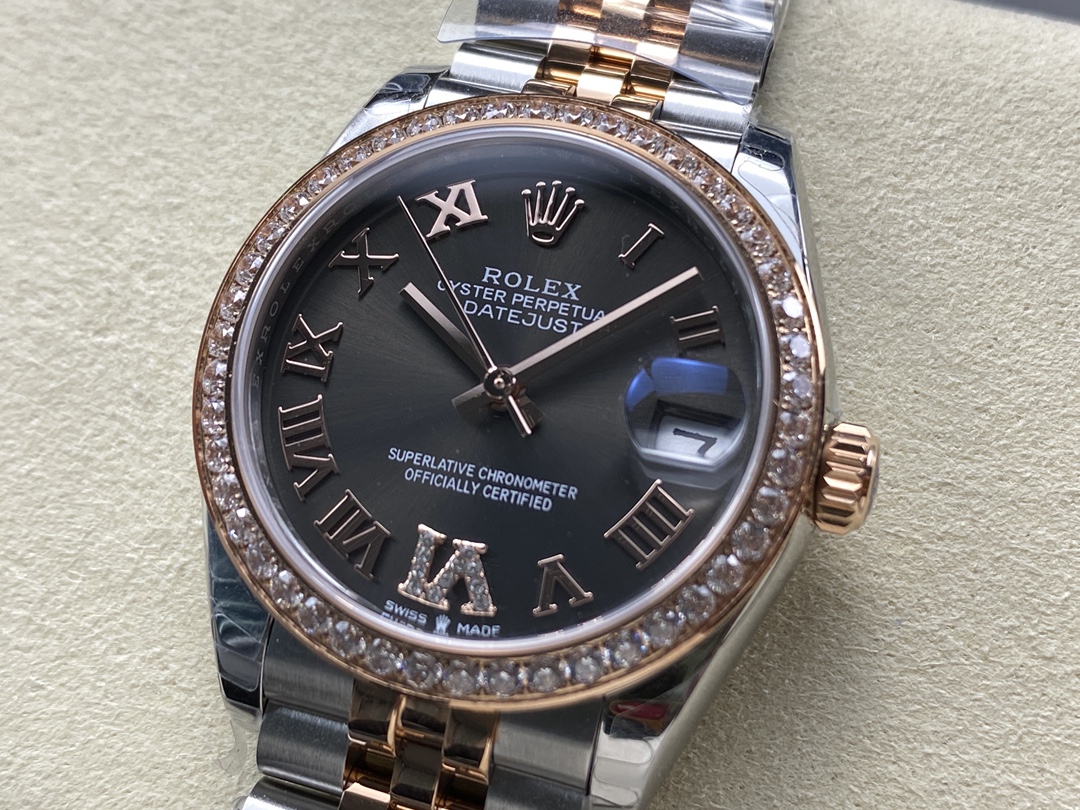 Rolex Datejust Lady 31 Rose Gold Steel Slate Roman Diamond VI Dial & Diamond Bezel Jubilee Bracelet 278381RBR