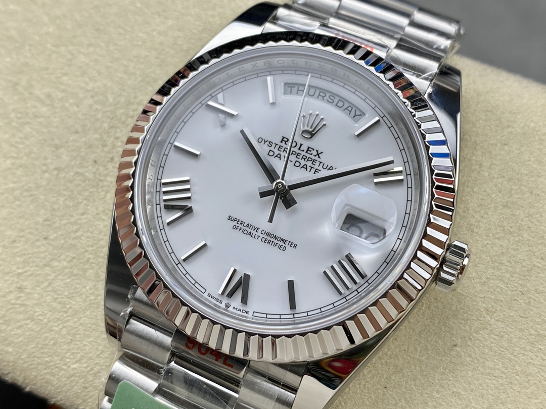 Rolex Day-Date 228239 White Roman Dial Fluted Bezel 40mm Mens Replica Watch
