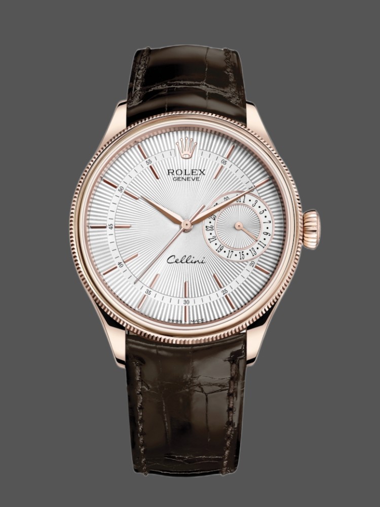 Rolex Cellini Date Rose Gold Silver Crocodile Leather Strap 50515 39mm Mens Replica Watch
