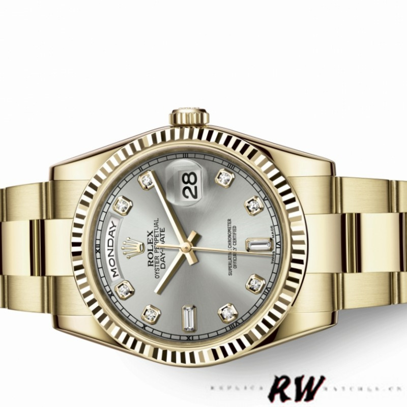 Rolex Day-Date 118238 Yellow Gold Silver Diamond Dial 36mm Unisex Replica Watch