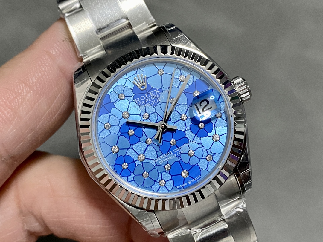 Rolex Datejust 31 Stainless Steel and White Gold Azzuro-Blue-Floral-Motif Diamond Dial m278274-0035
