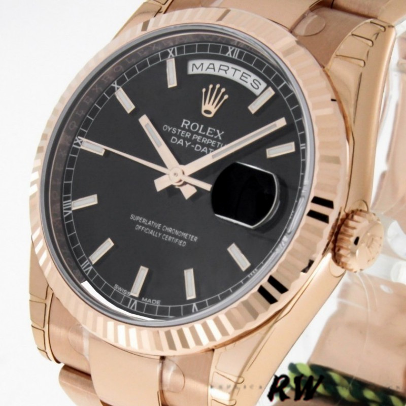 Rolex Day-Date 118235 Black Dial Fluted Bezel 36mm Unisex Replica Watch