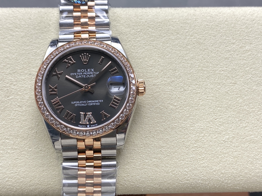 Rolex Datejust Lady 31 Rose Gold Steel Slate Roman Diamond VI Dial & Diamond Bezel Jubilee Bracelet 278381RBR