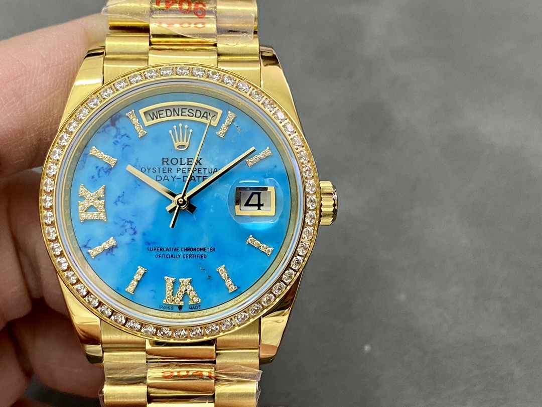 Rolex Day-Date 128348RBR Turquoise Diamond Dial Yellow Gold 36MM Unisex Replica Watch