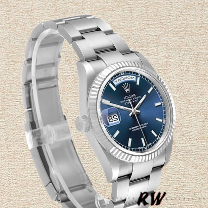 Rolex Day-Date 118239 White Gold Blue Dial Fluted Bezel 36mm Unisex Replica Watch