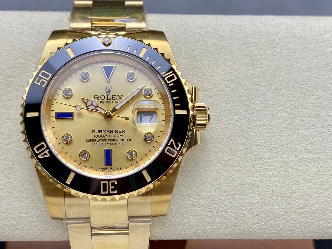 Rolex Submariner 40 18k Champagne Diamond Dial Black Bezel 16613T Gold Watch