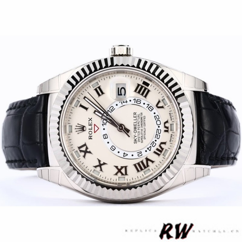 Rolex Sky-Dweller 326139 Ivory Roman Dial Leather Strap 42MM Mens Replica Watch