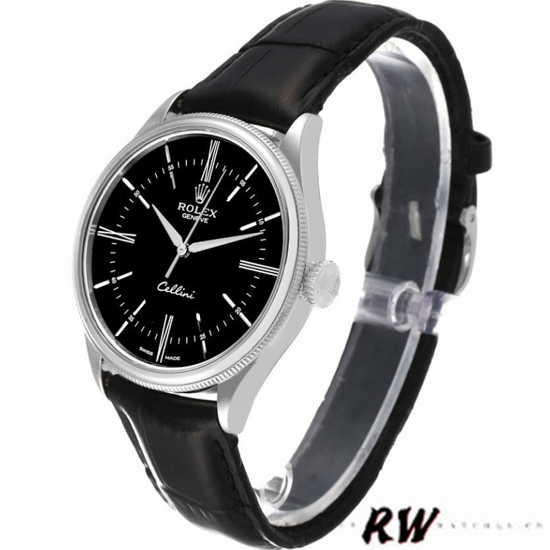 Rolex Cellini Time 50509 Black Leather Strap Black Dial 39mm Mens Replica Watch