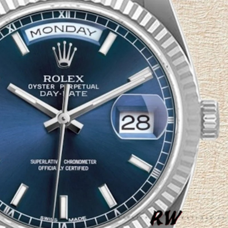 Rolex Day-Date 118239 White Gold Blue Dial Fluted Bezel 36mm Unisex Replica Watch
