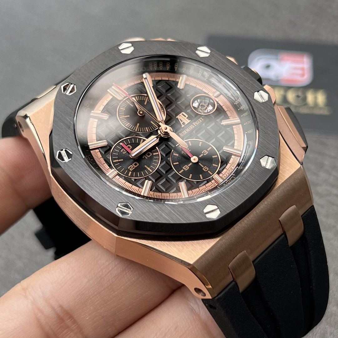 AUdemars Piguet Royal Oak Offshore Chronograph Rose gold Ceramic Bezel on Black Rubber Strap 44mm Super Clone