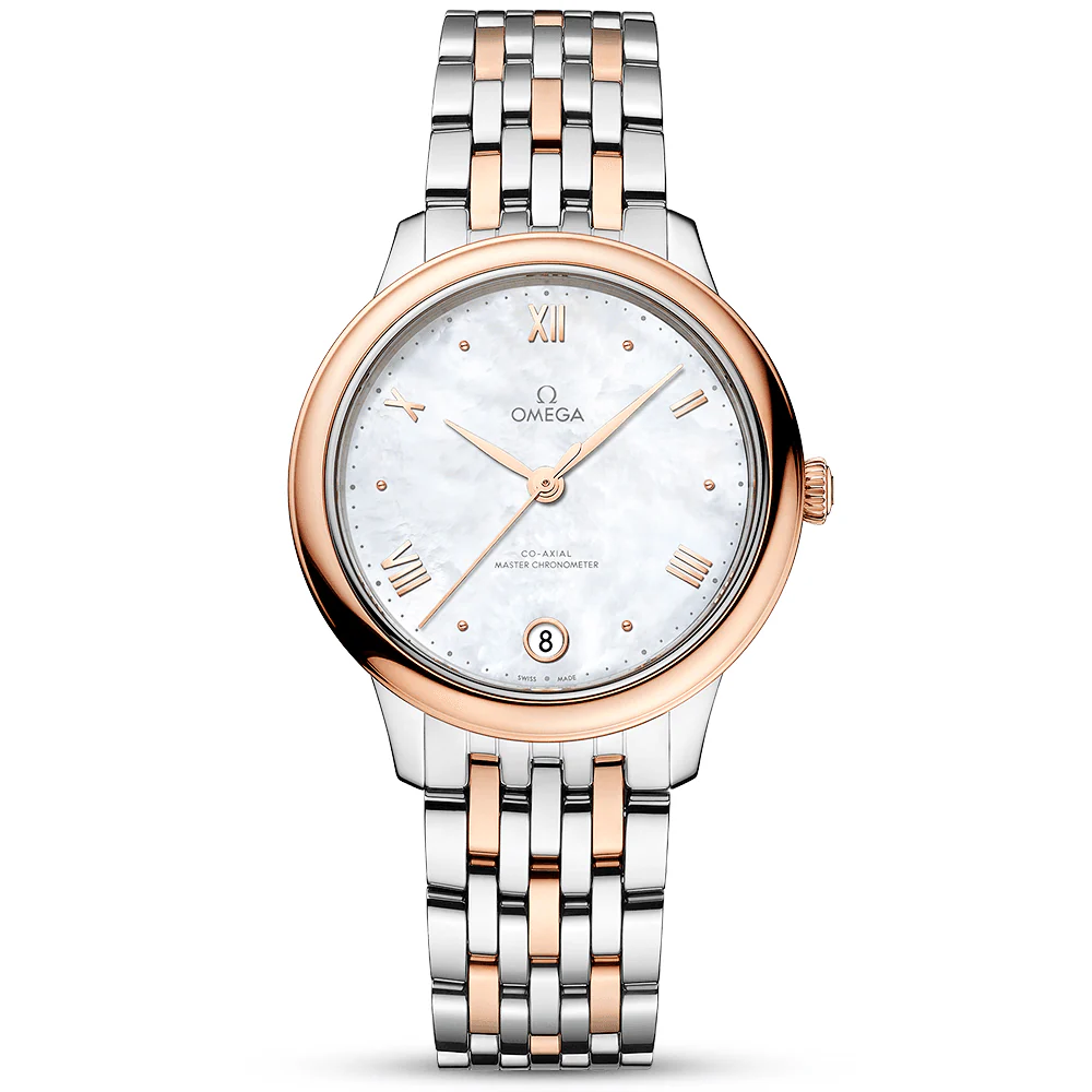 OMEGA De Ville Prestige 34mm Two-Tone White Mother of Pearl Dial Bracelet Watch