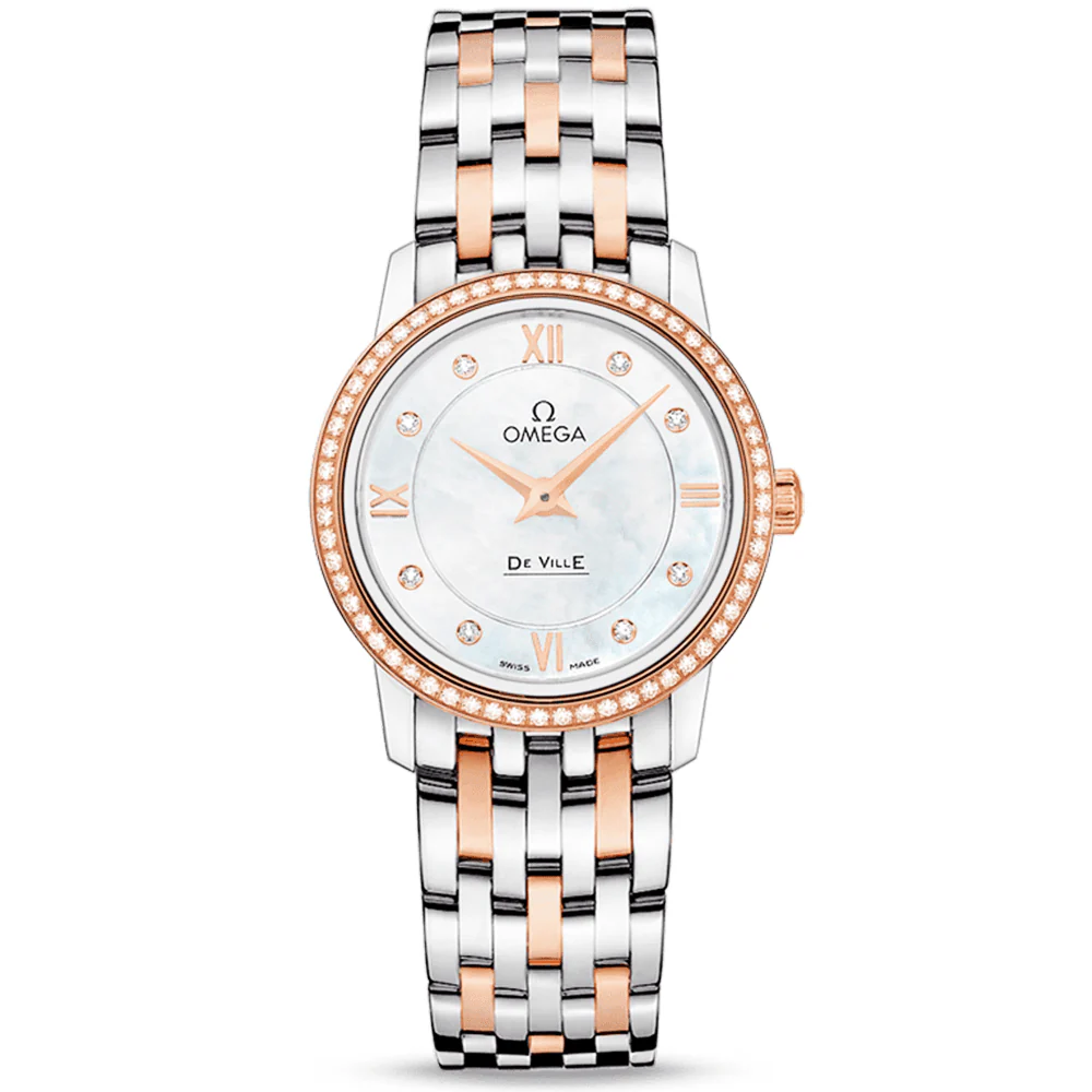 OMEGA De Ville Prestige 27.4mm Two-Tone Diamond Bezel Mother of Pearl Diamond Dial Watch
