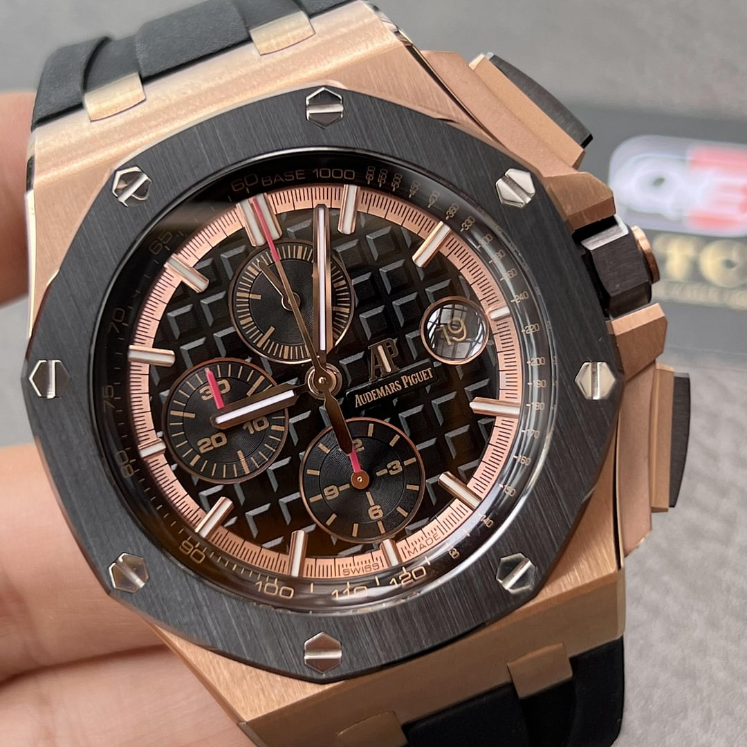 AUdemars Piguet Royal Oak Offshore Chronograph Rose gold Ceramic Bezel on Black Rubber Strap 44mm Super Clone