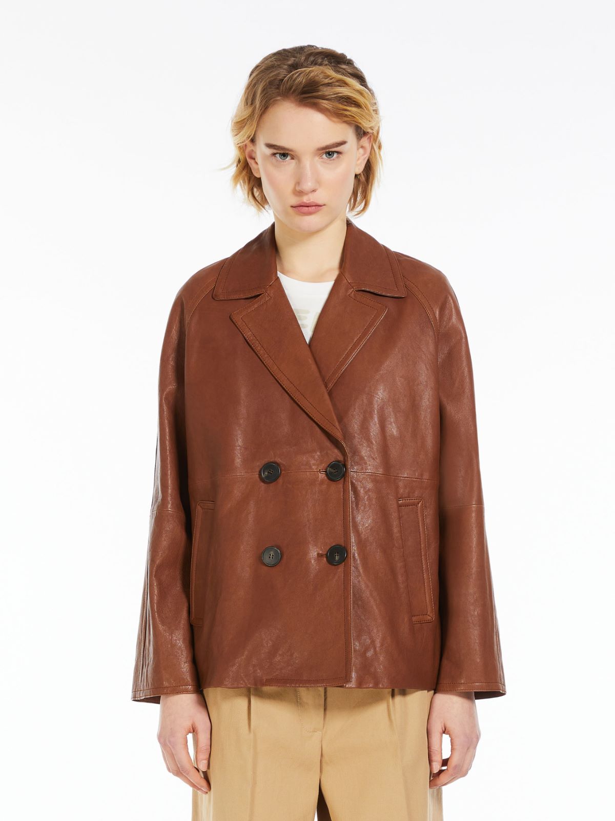 Double-breasted leather pea coat