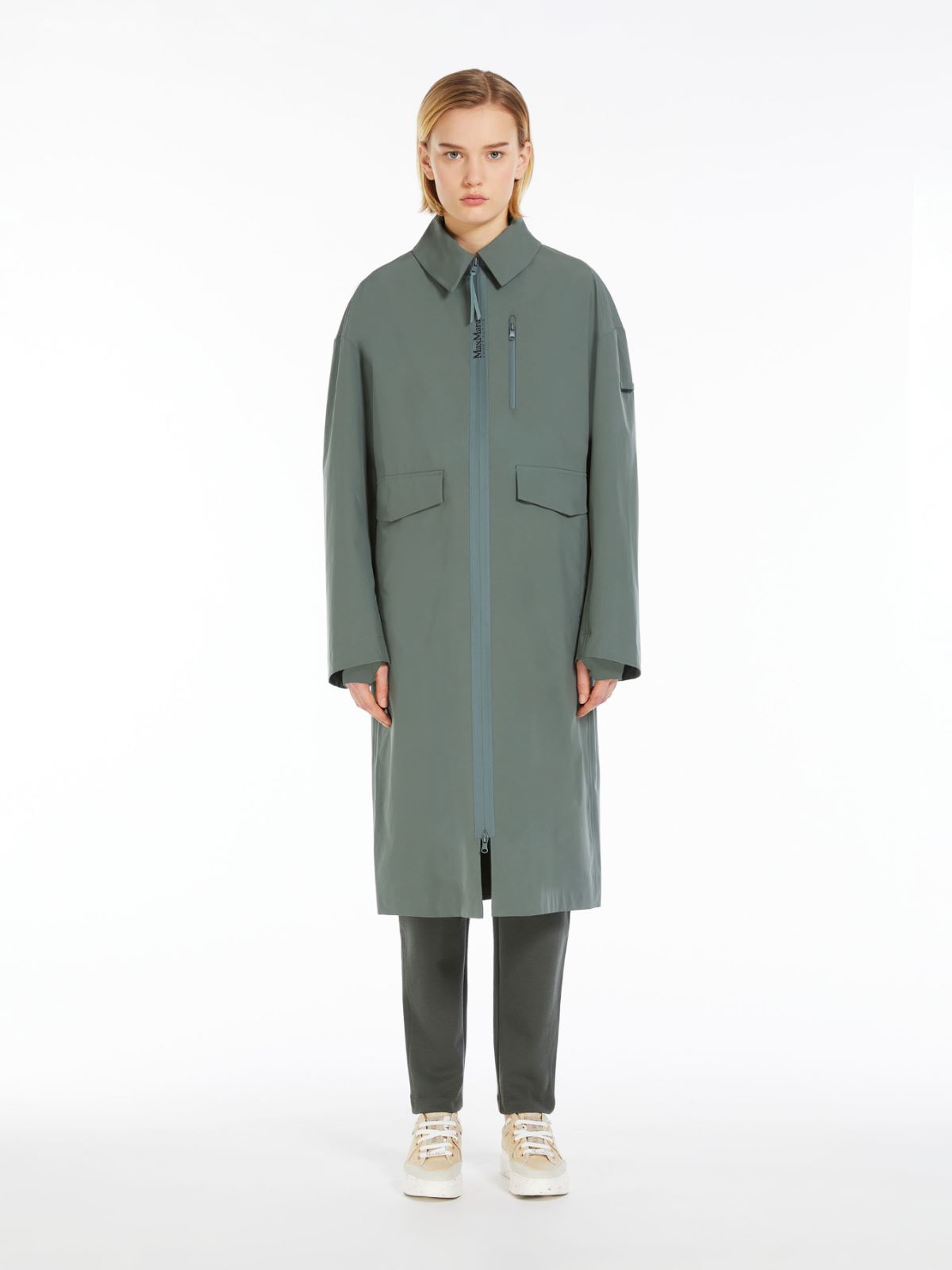 Rubber-coated technical canvas trench coat