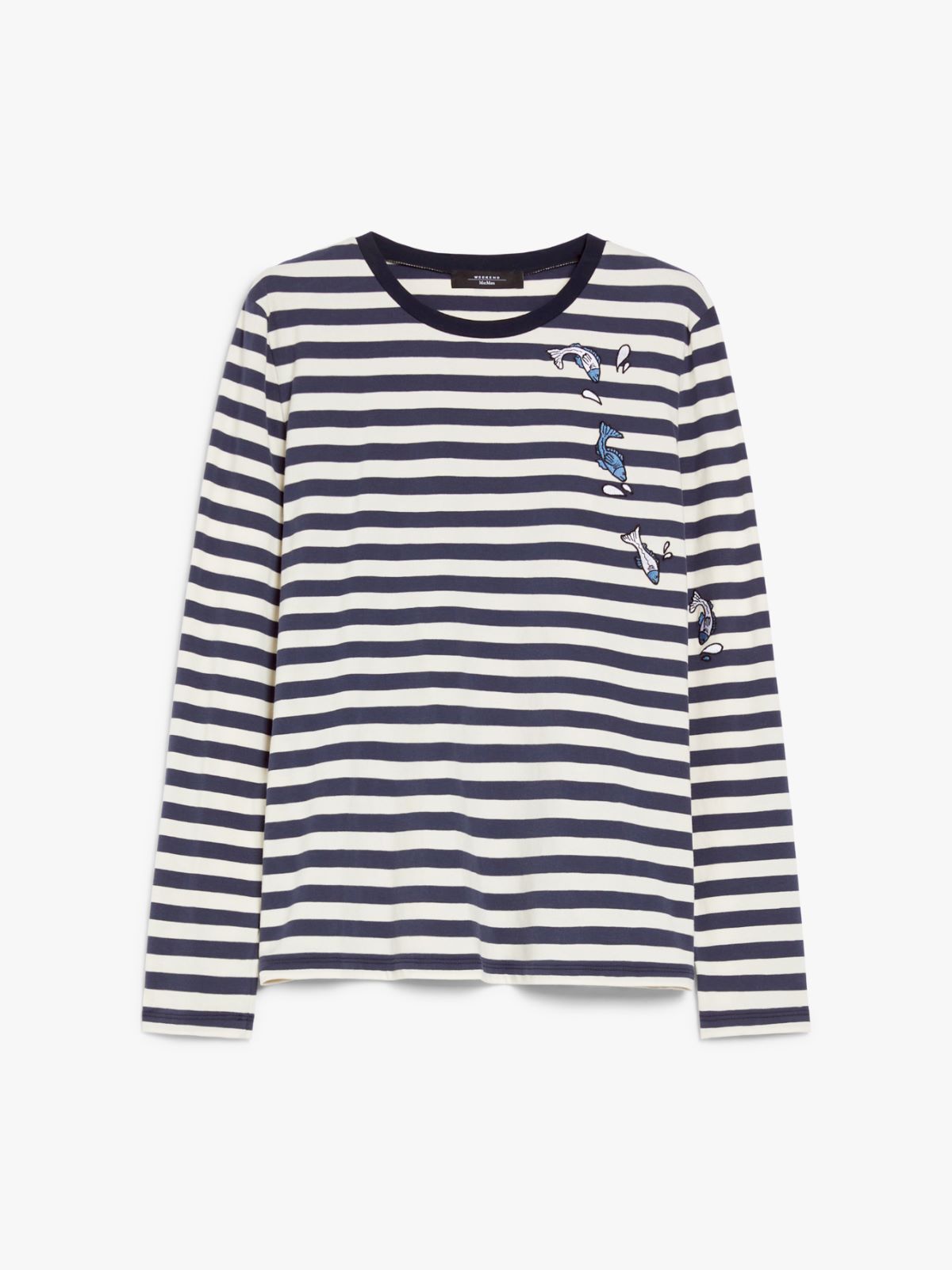 Print and embroidery-adorned cotton T-shirt