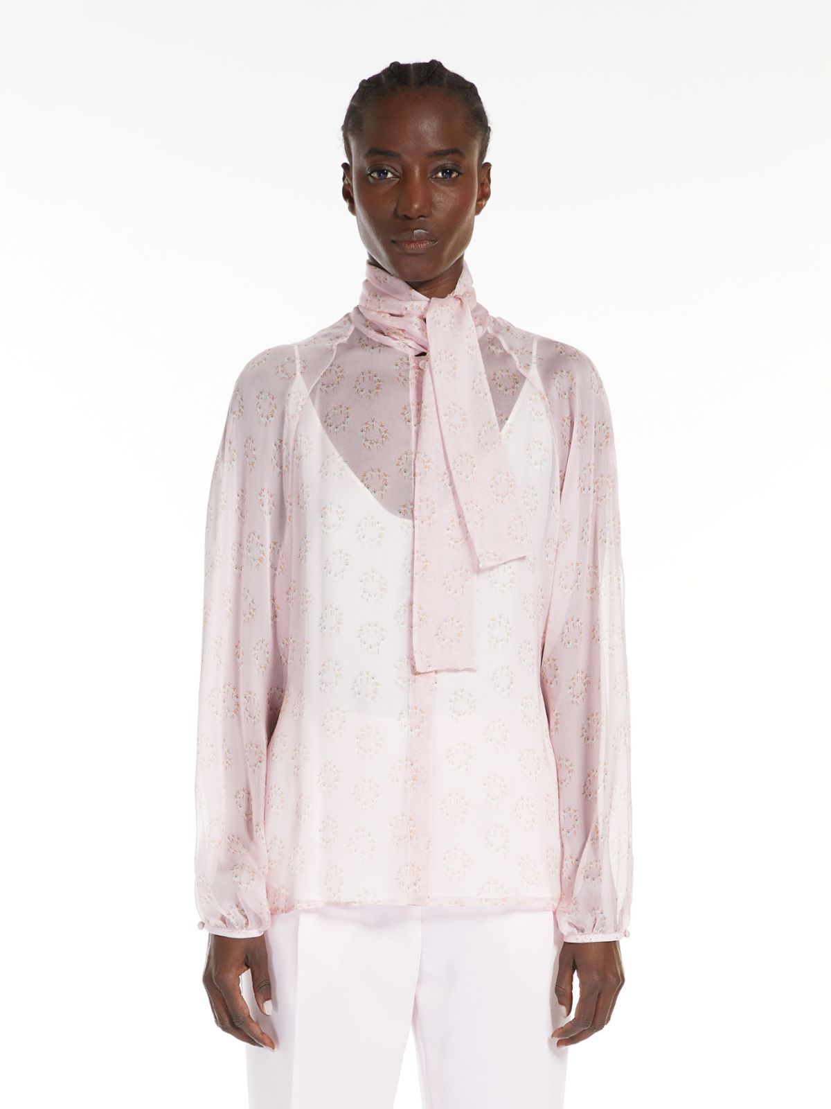 Printed silk blouse with bow