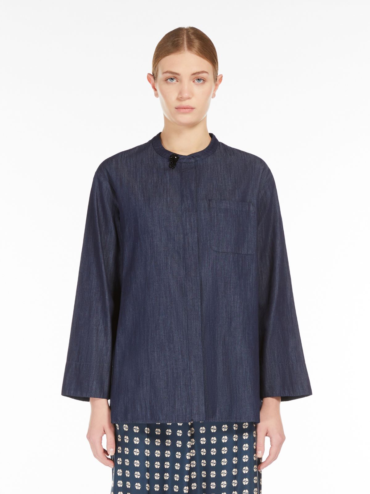 Mandarin-collar denim shirt