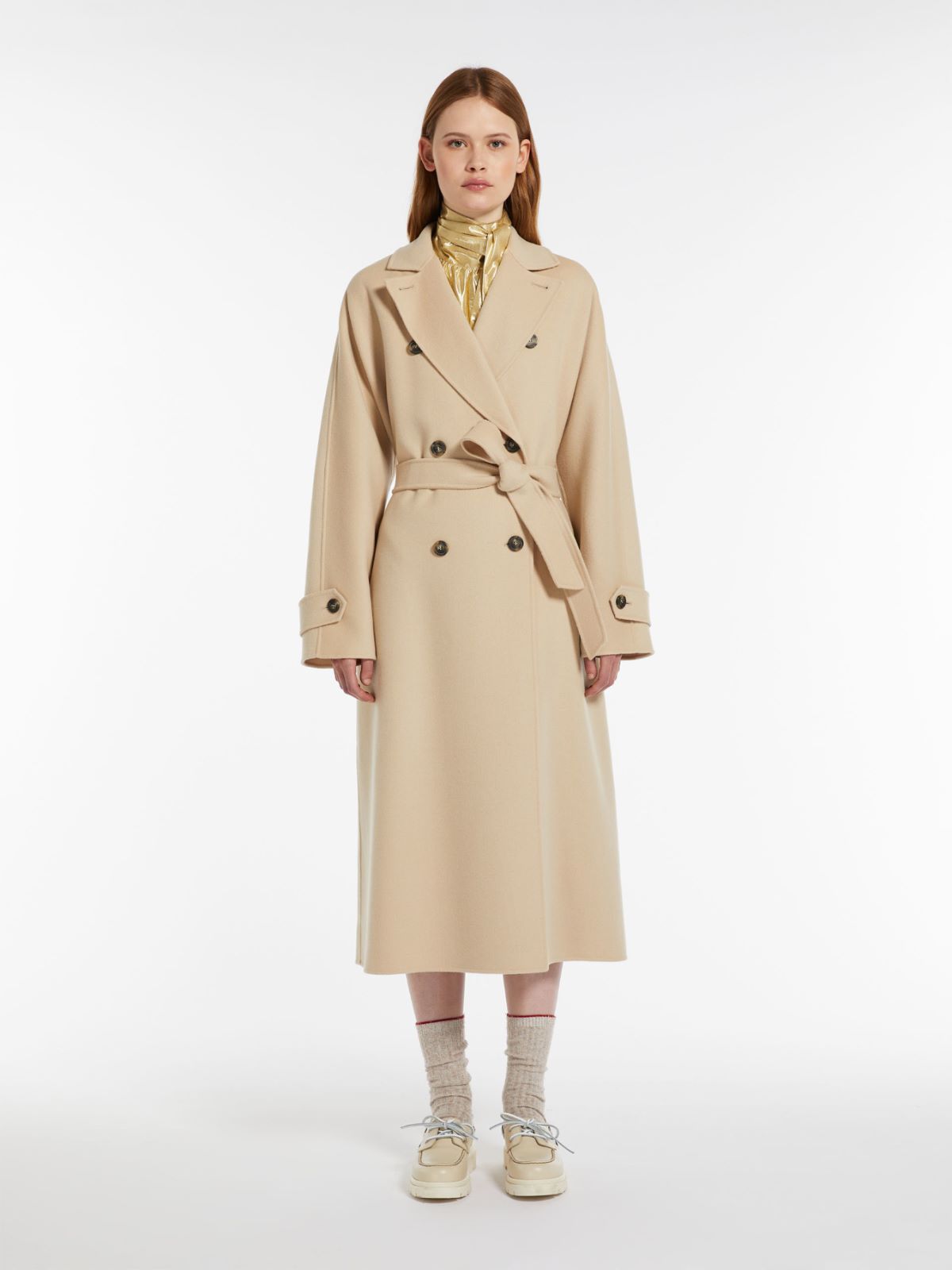 Long wool and technical fabric trench coat