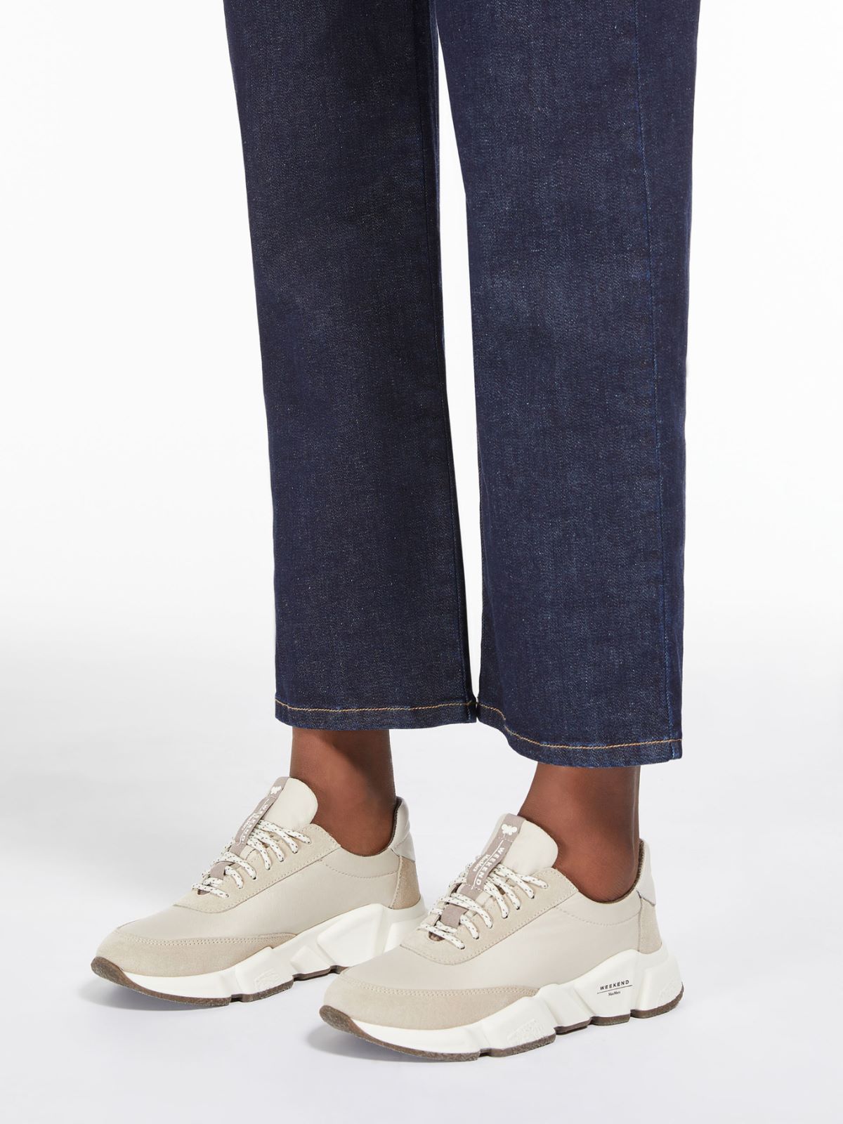 Nylon and leather running shoes