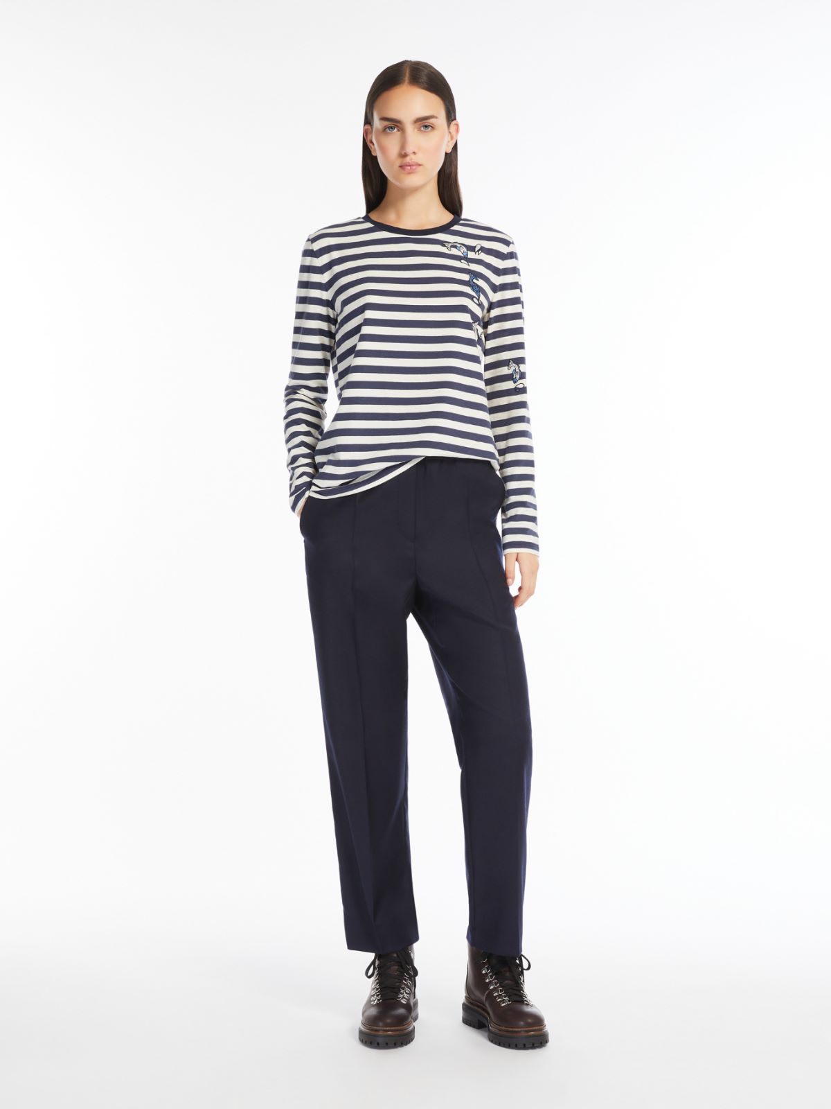 Print and embroidery-adorned cotton T-shirt