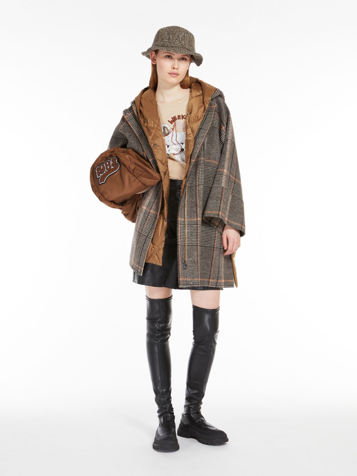 Chequered wool and water-repellent canvas coat