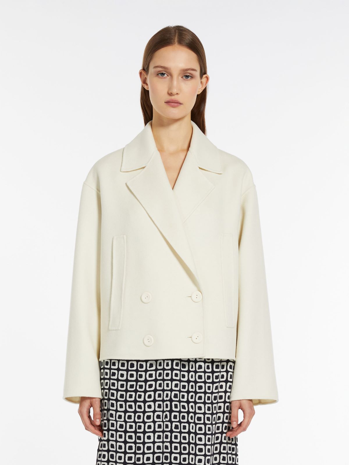 Double-breasted pea coat in wool, silk and cashmere