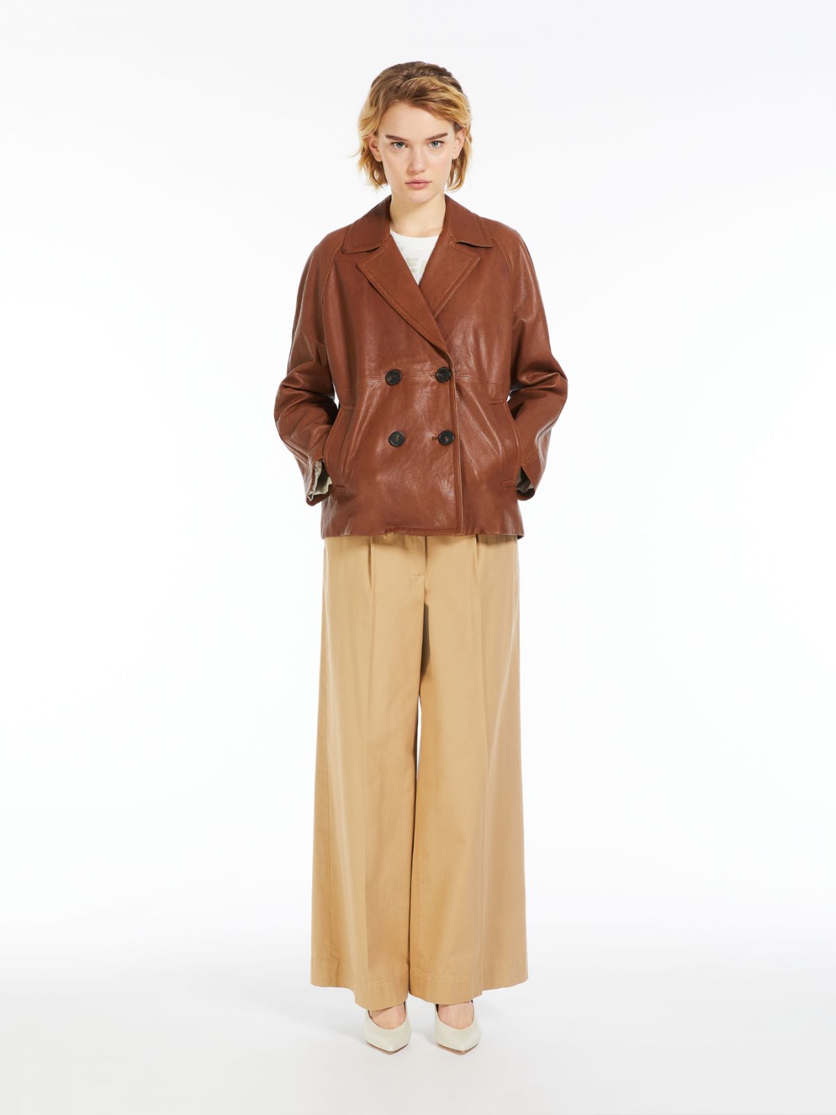 Double-breasted leather pea coat