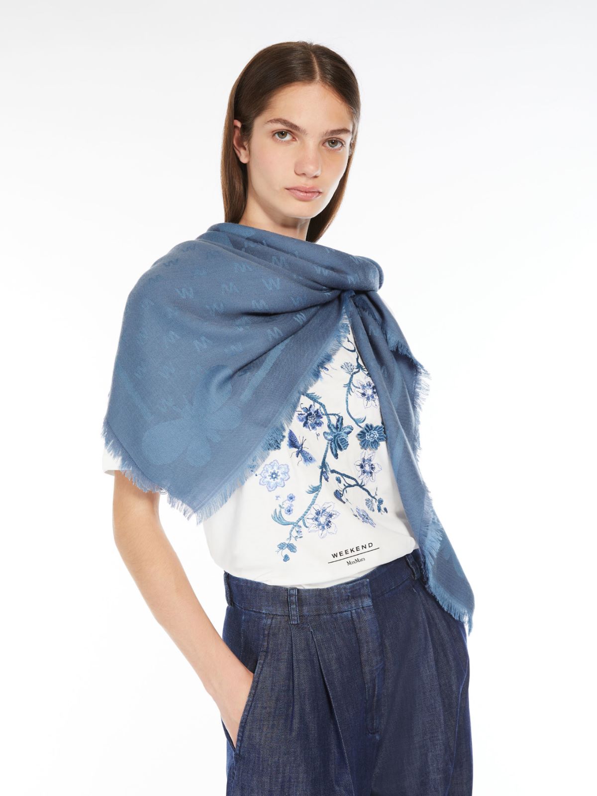 Jacquard-knit viscose and wool shawl