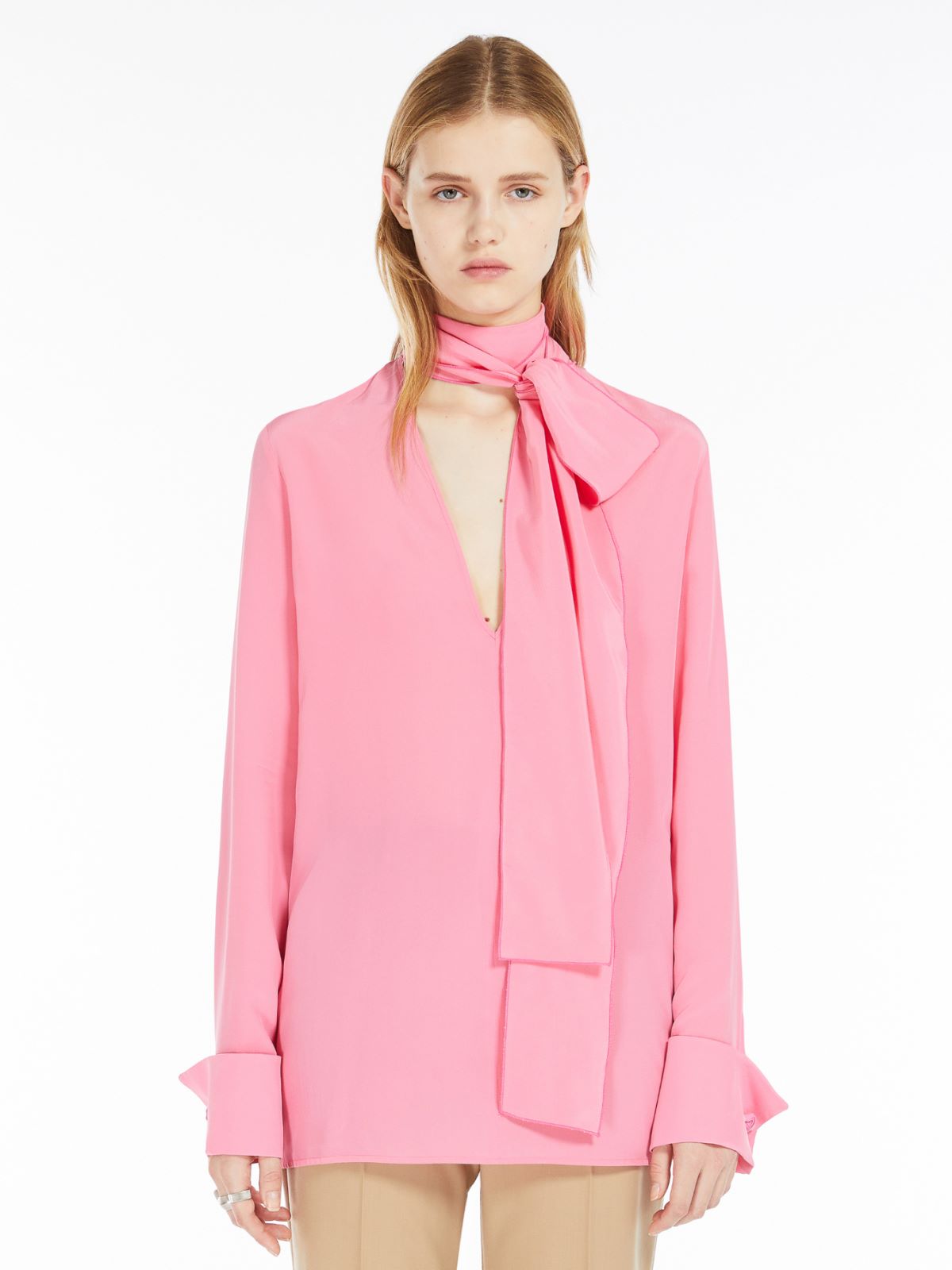 Sash-adorned silk blouse