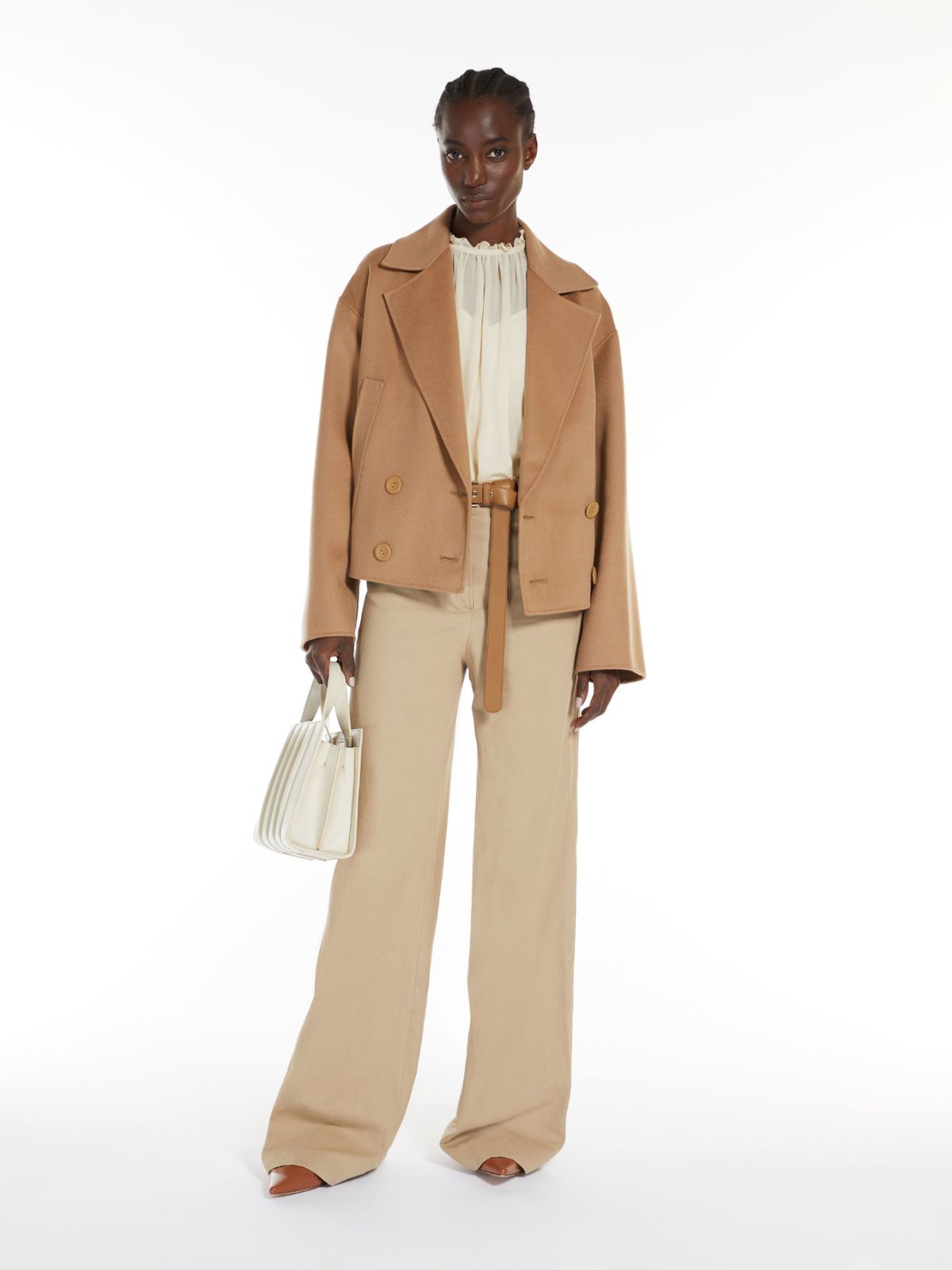 Double-breasted pea coat in wool, silk and cashmere