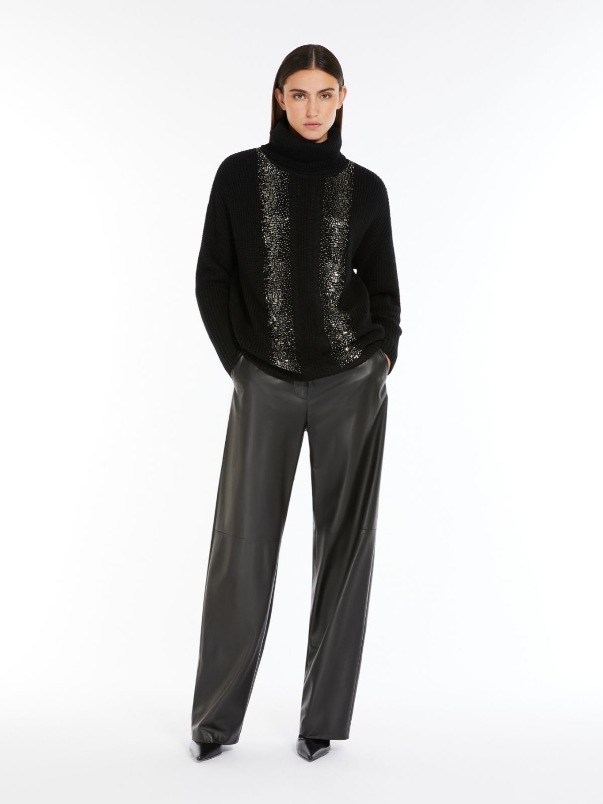 Rib-knit wool pullover with high neck