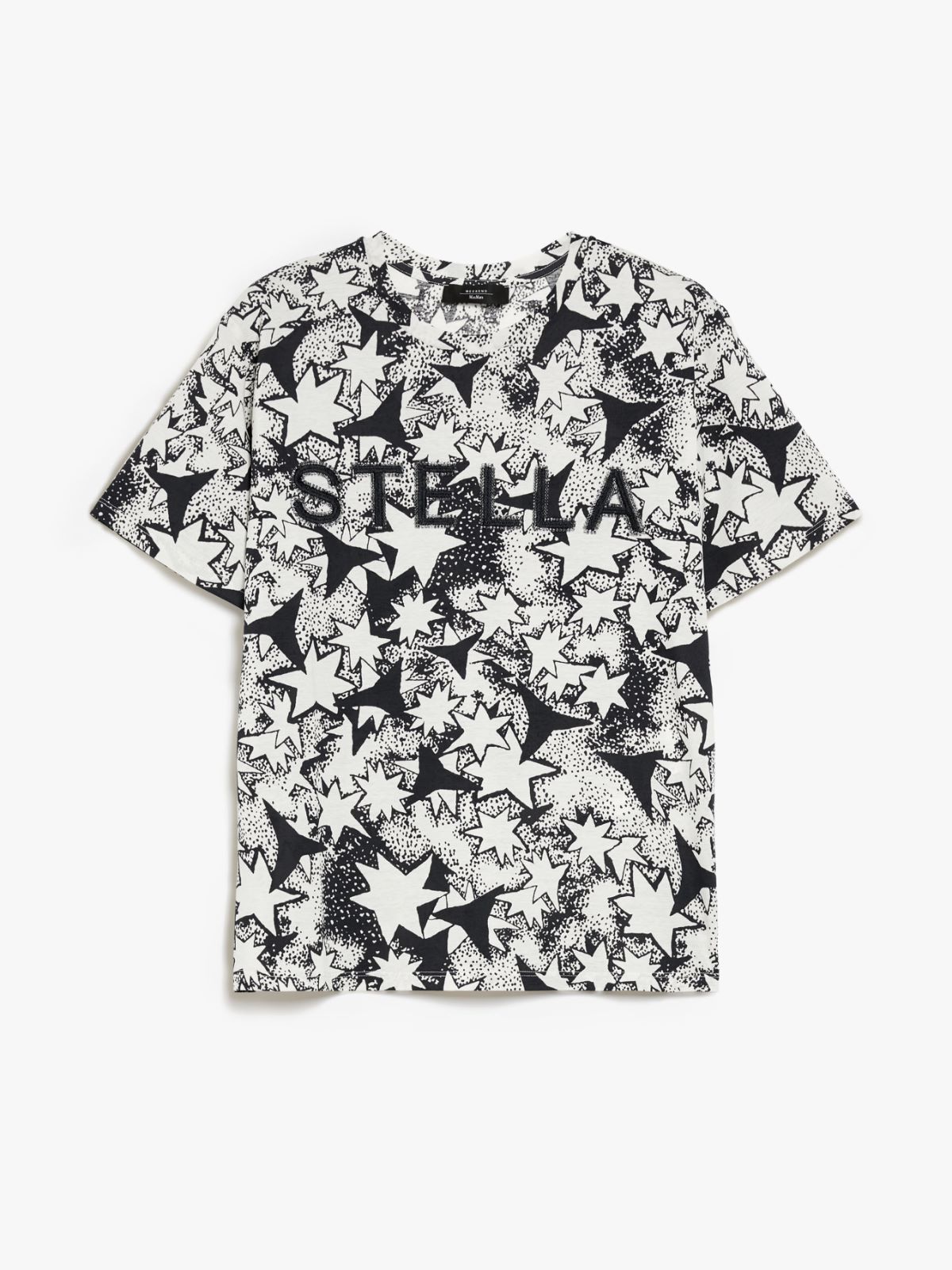 Print and embroidery-adorned cotton T-shirt