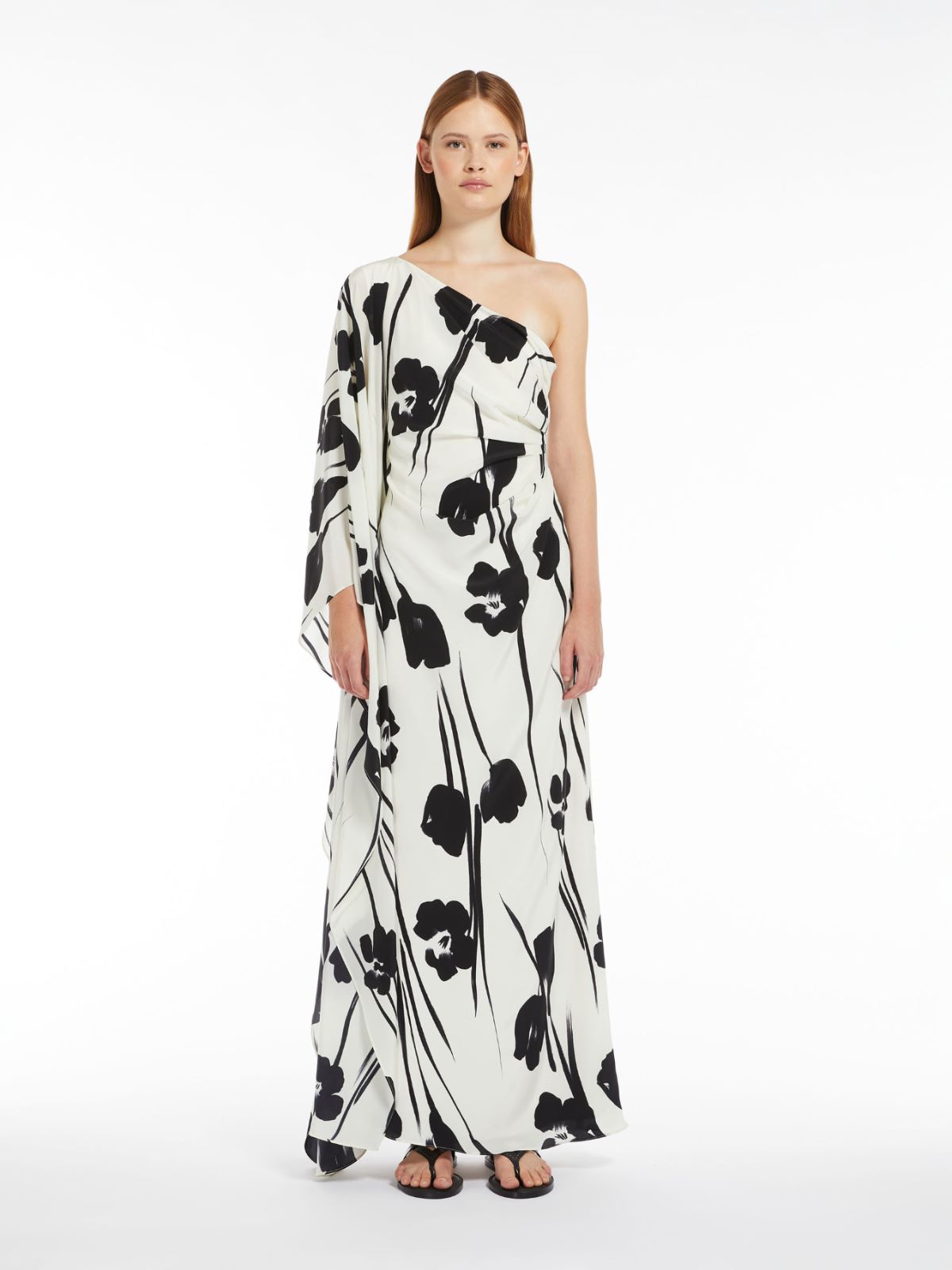 Printed silk one-shoulder dress
