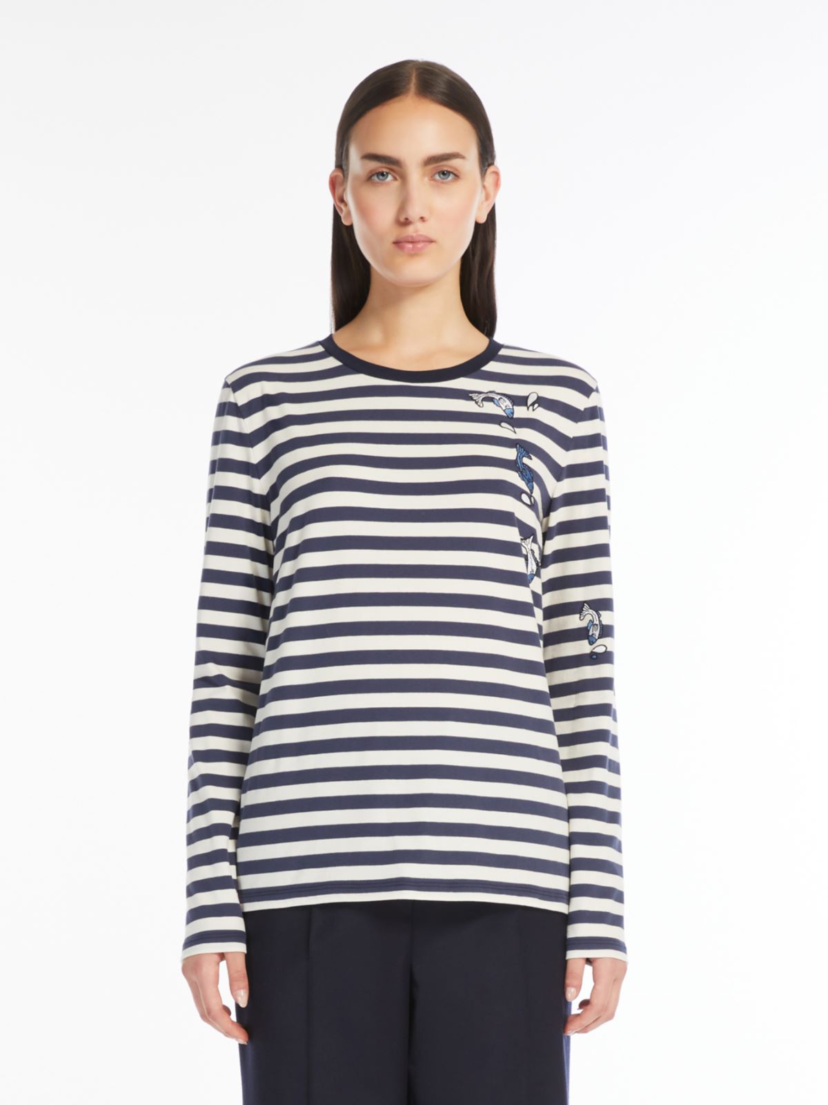 Print and embroidery-adorned cotton T-shirt