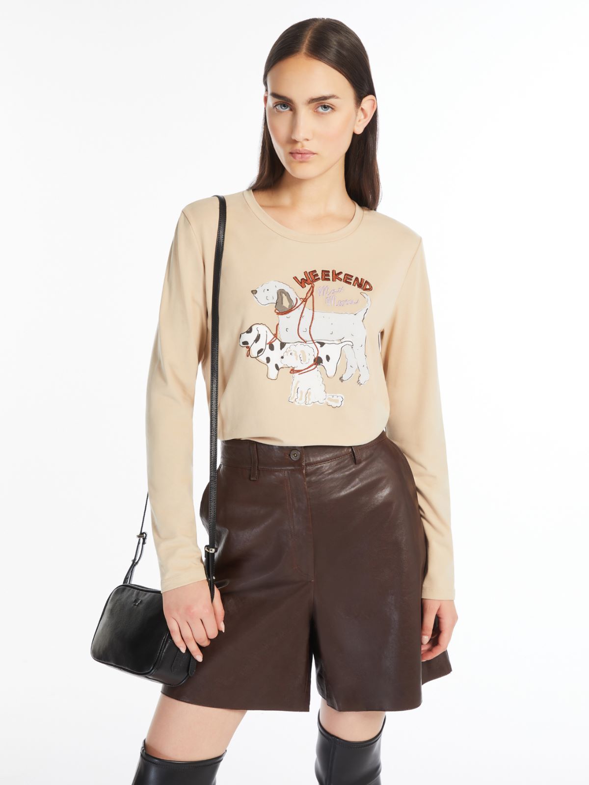 Print and embroidery-adorned cotton T-shirt