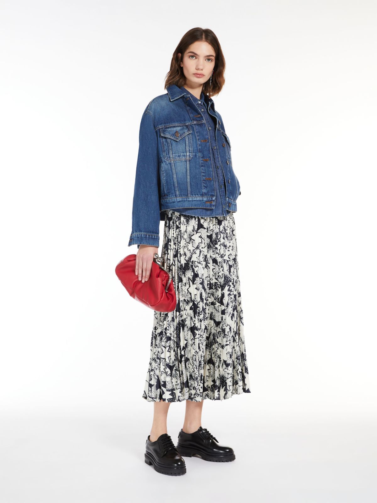 Pleated printed twill skirt