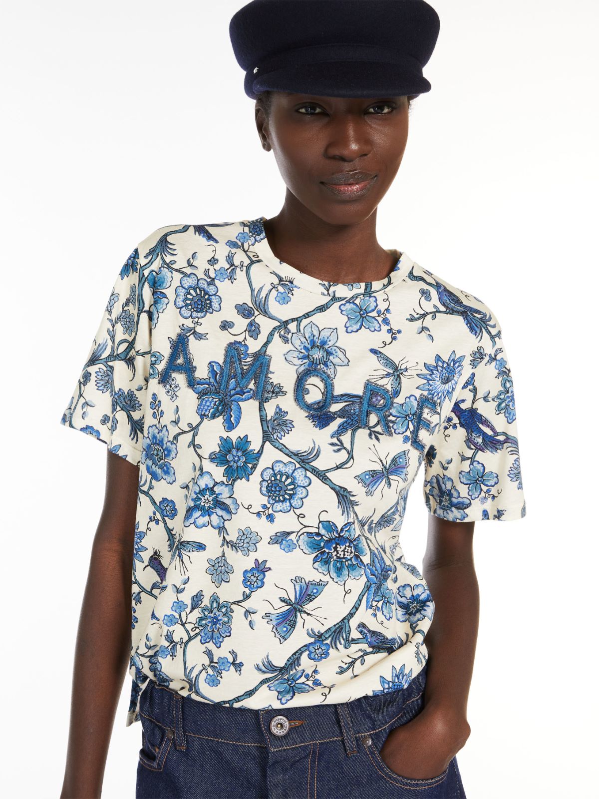 Print and embroidery-adorned cotton T-shirt