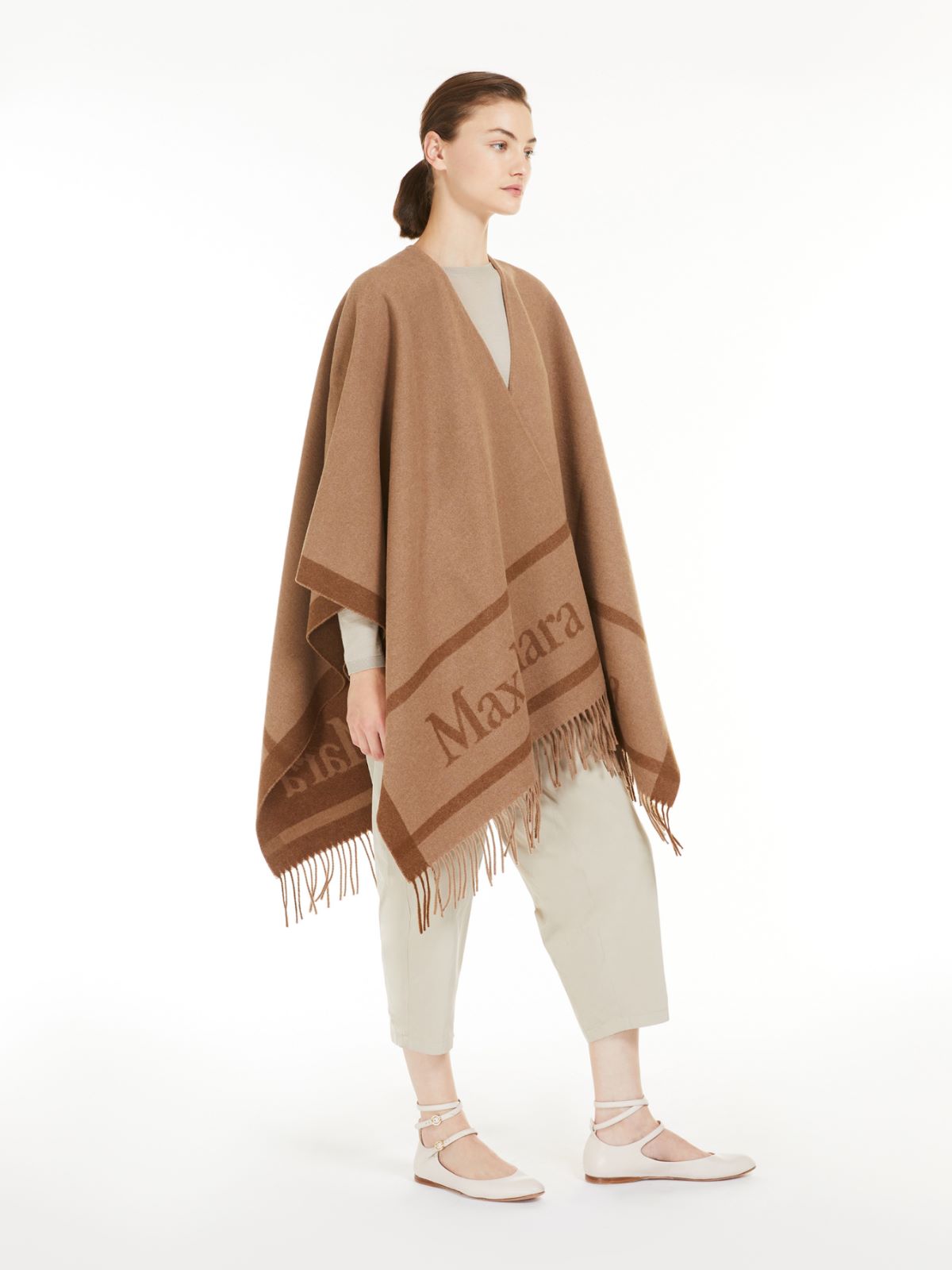 Jacquard logo-decorated wool poncho