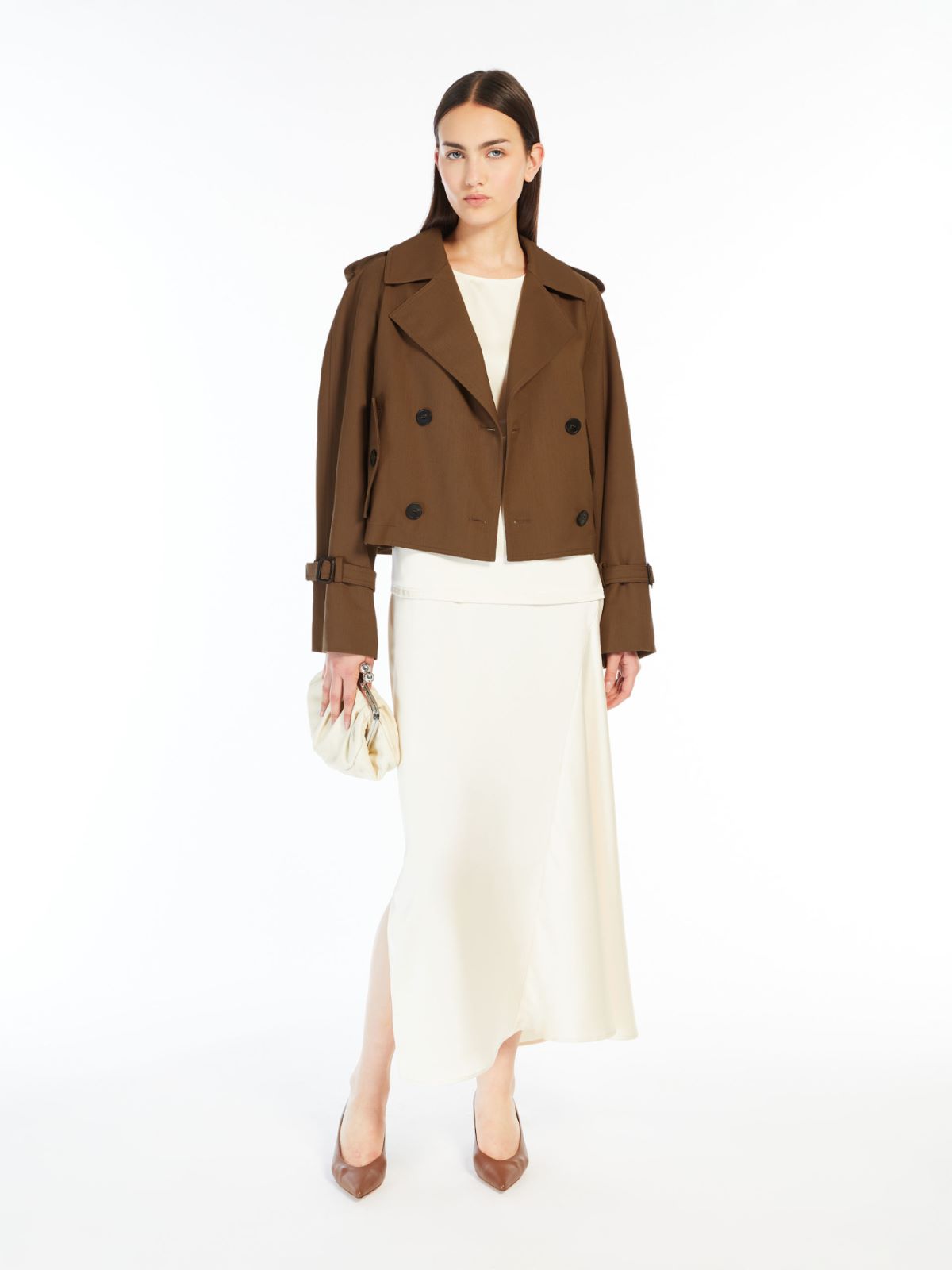 Short water-repellent gabardine trench coat