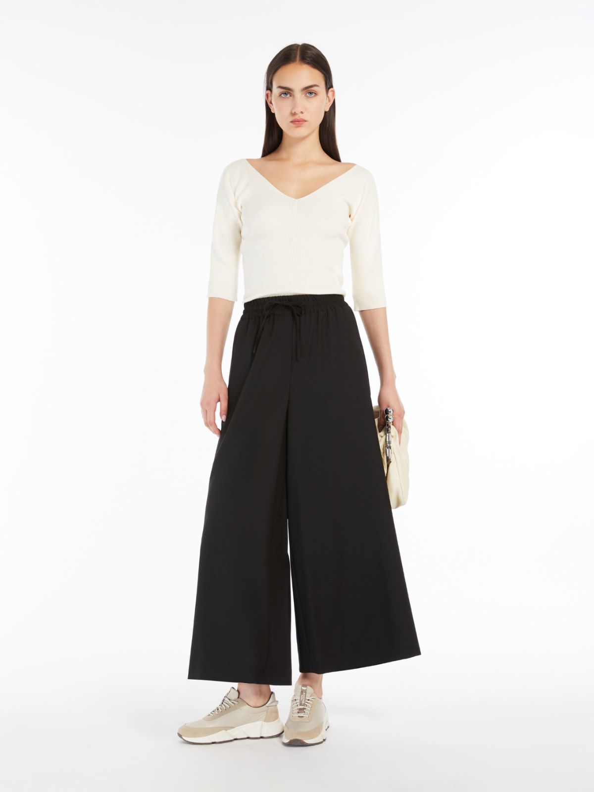 Wide-fit stretch wool trousers
