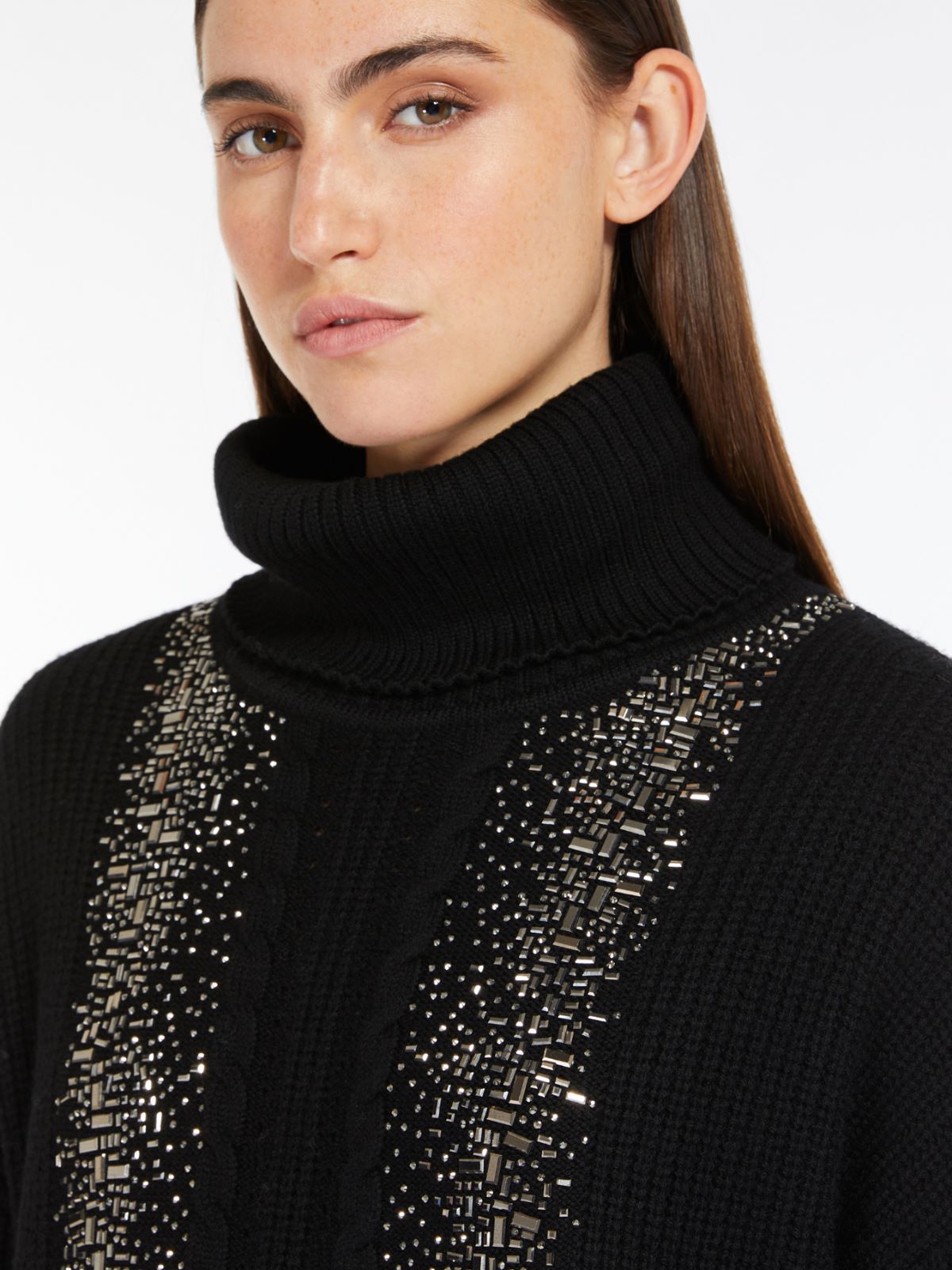 Rib-knit wool pullover with high neck