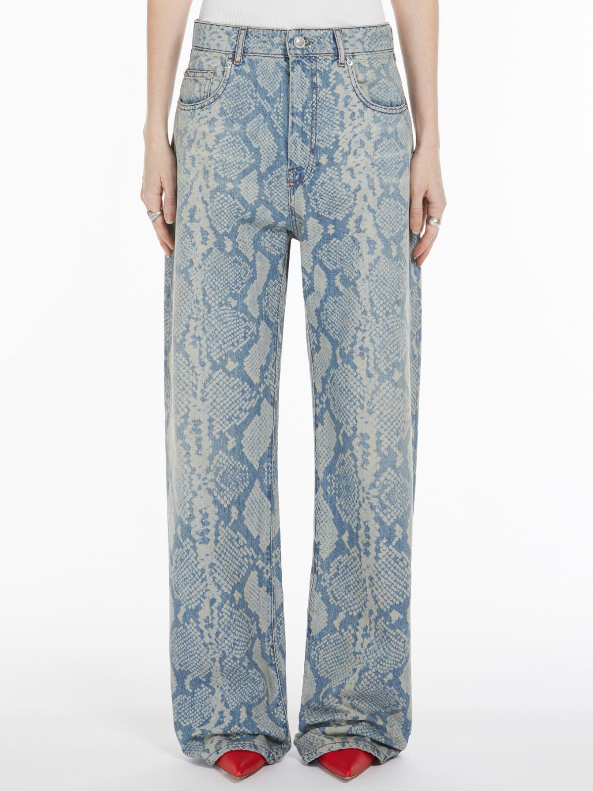 Five-pocket trousers with python print