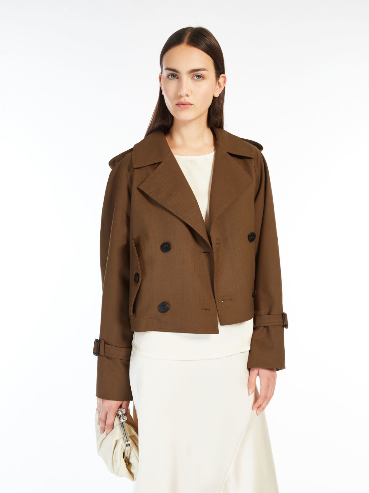 Short water-repellent gabardine trench coat