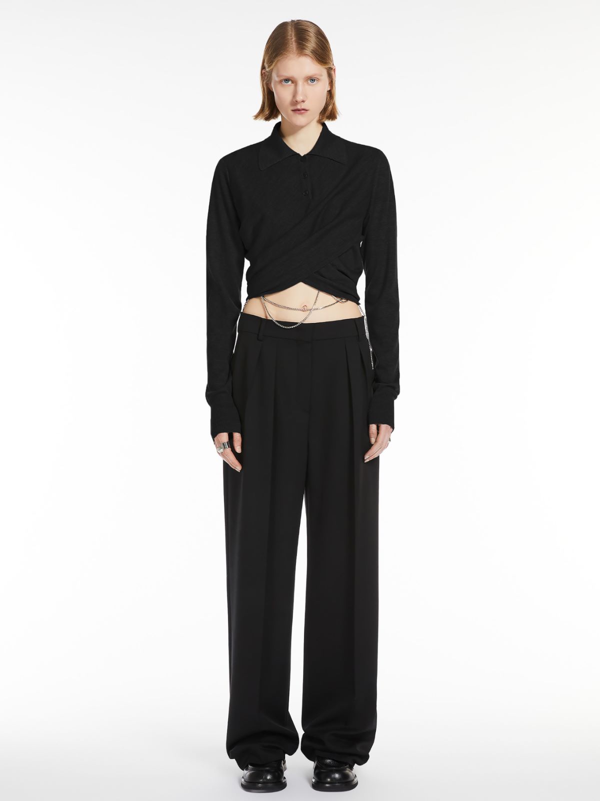 Wide-fit stretch wool trousers