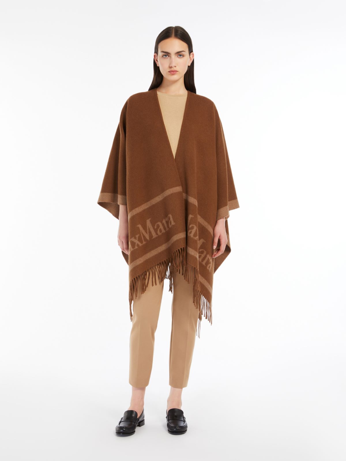Jacquard logo-decorated wool poncho