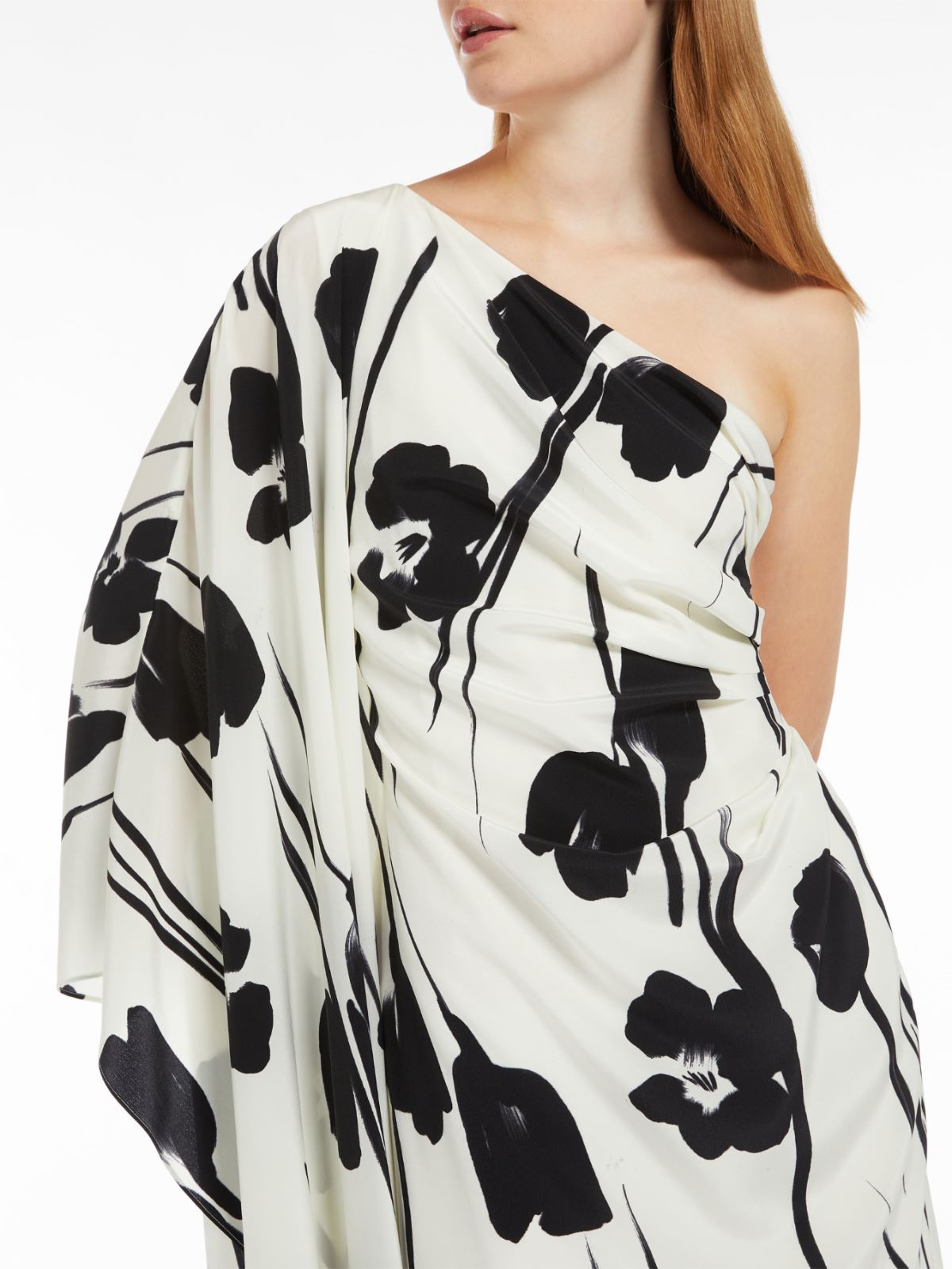 Printed silk one-shoulder dress